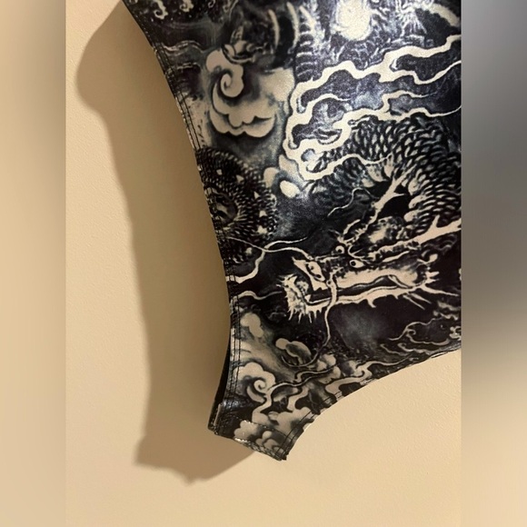 NWOT Bear Dance Cowl Neck, Dragon Print Satin Bodysuit - Picture 5 of 11